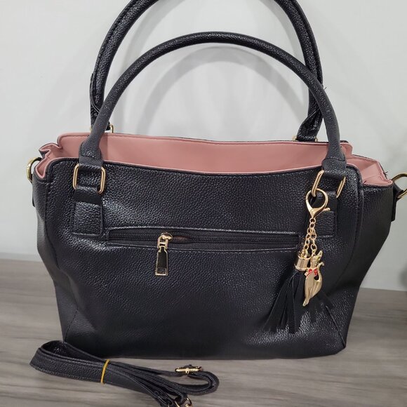 Black Faux Leather Tote Bag Pink Accents Satchel Crossbody Purse w Charm - Picture 7 of 10